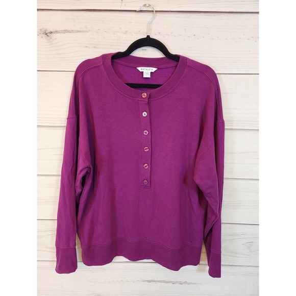 Athleta Women's Purple Solid Stretch Exotic Fuchsia Henley Sweatshirt Size Large - Picture 1 of 6